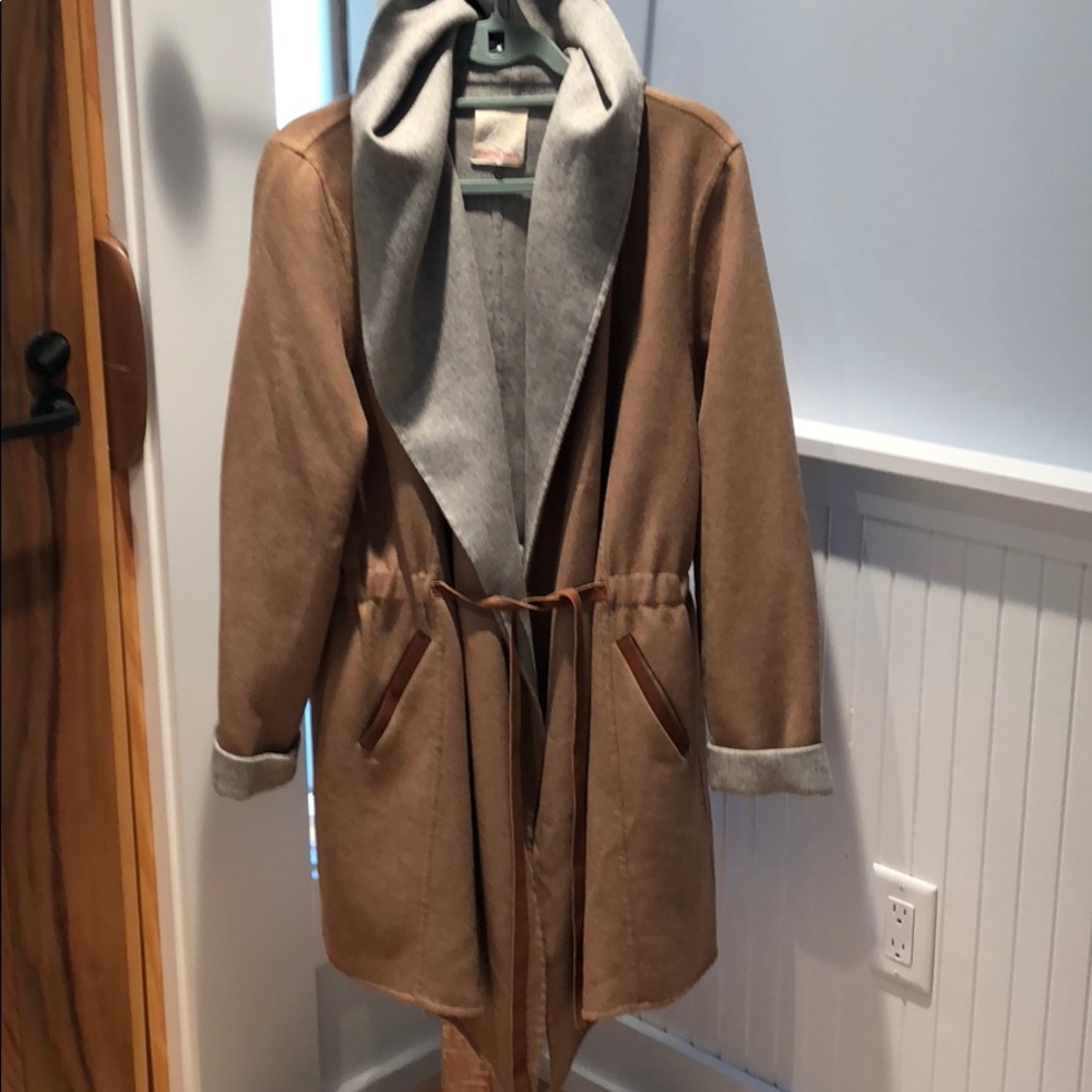 Camel and grey coat with leather trim